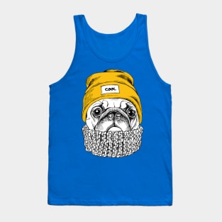 Portrait of Pug in a yellow Hipster hat and with knitted scarf Tank Top